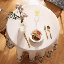 Load image into Gallery viewer, Farmhouse Vintage Linen Tablecloth for 67" Round Dining Tables - Floral Design