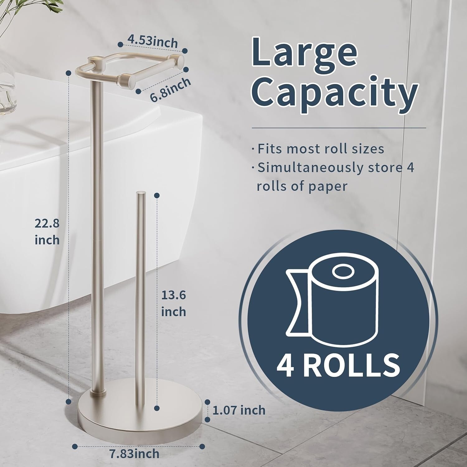 Brushed Nickel Free Standing Toilet Paper Holder with Storage for 4 Rolls