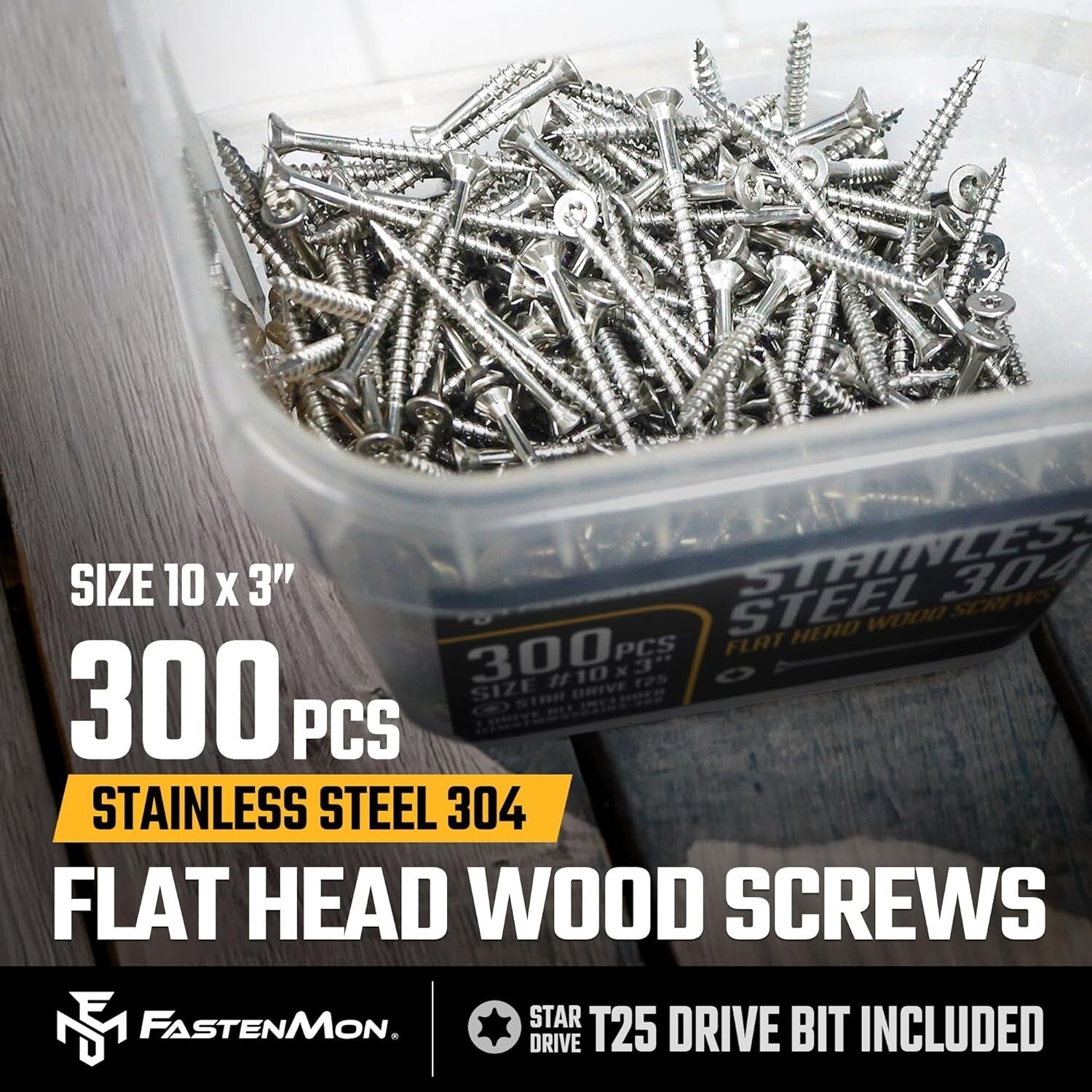 304 Grade Stainless Steel Deck Screws - 300 PCS with T25 Drive Bit, Outdoor Use