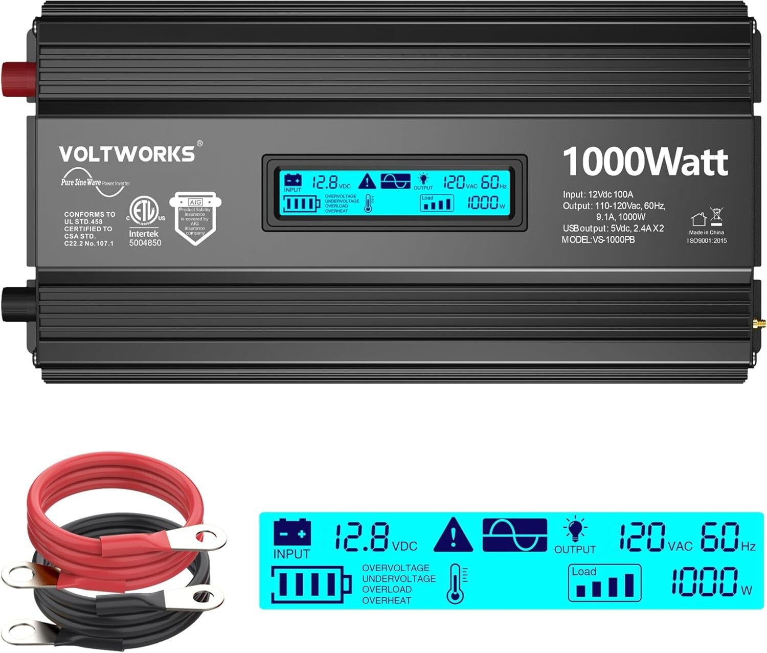 1000W Pure Sine Wave Inverter - ETL Certified, LCD Display, Ideal for RVs