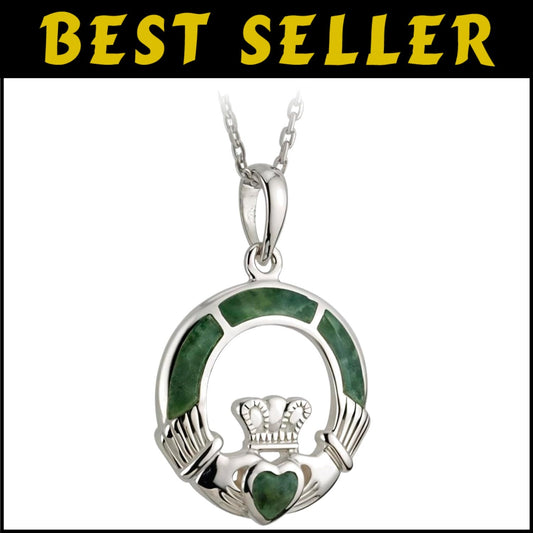 Artisan Irish Claddagh Pendant with Connemara Marble - Elegant Celtic Jewelry