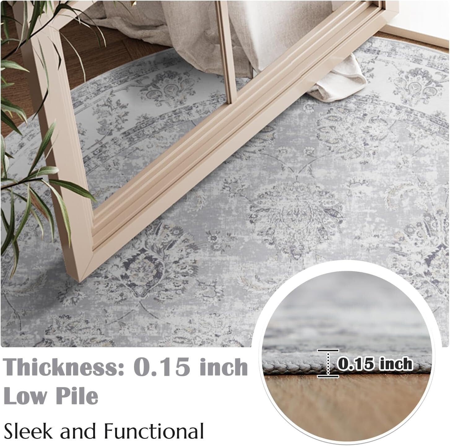 6ft Round Floral Distressed Area Rug - Machine Washable & Non-Slip Grey Elegance