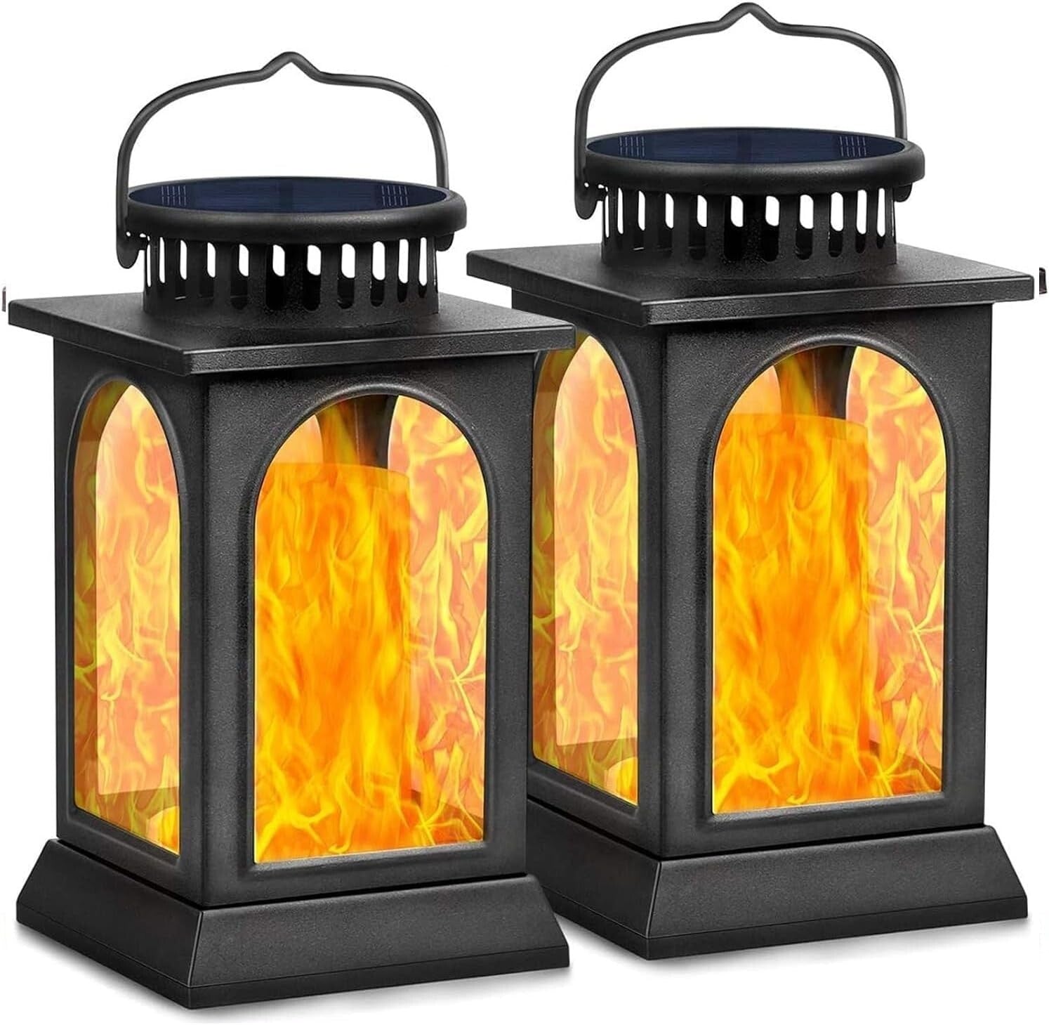 2-Pack Solar Flickering Flame Metal Lanterns for Elegant Outdoor Illumination