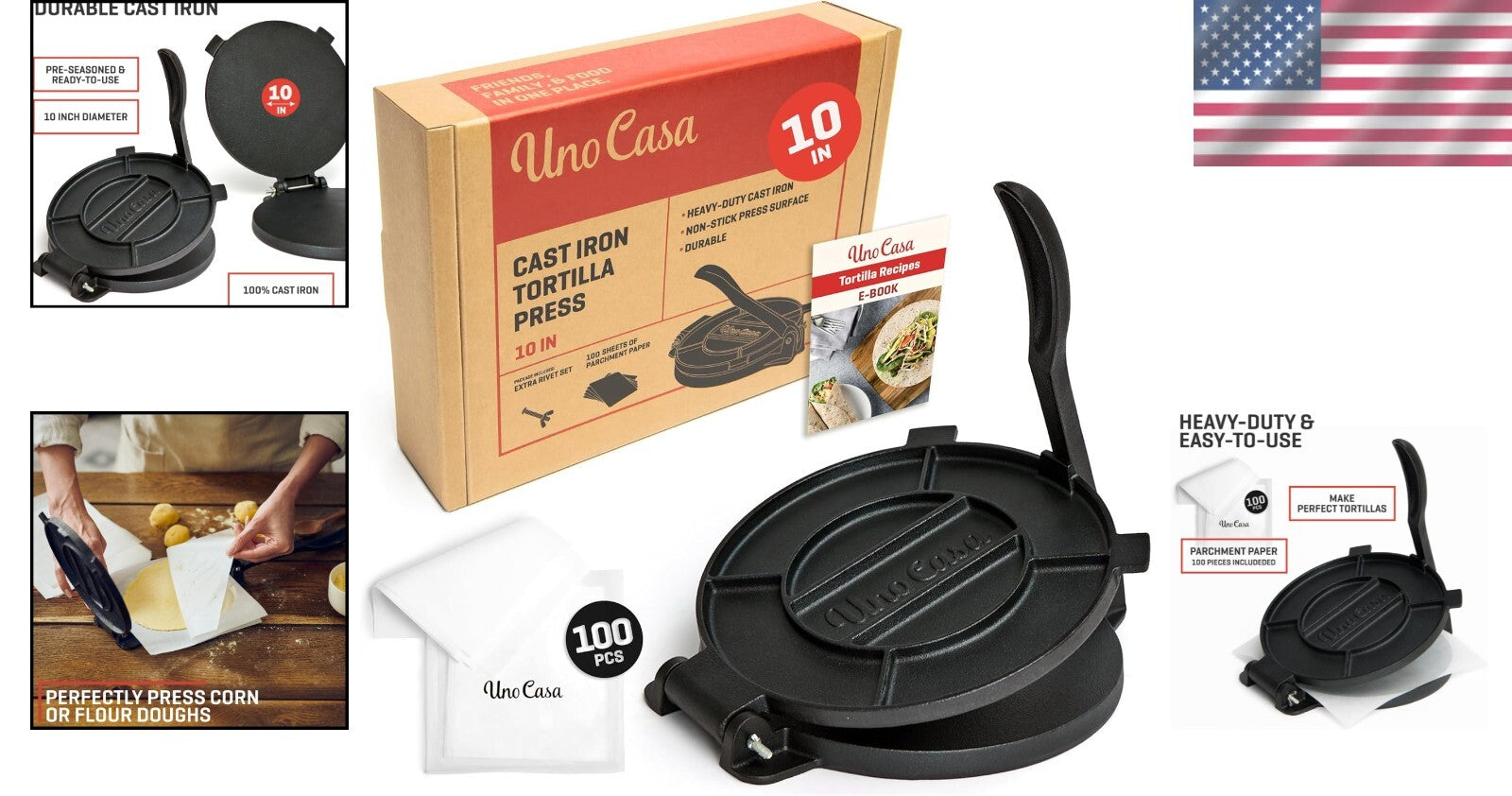 10-Inch Cast Iron Tortilla Press - Pre-Seasoned, Heavy-Duty Taco & Roti Maker