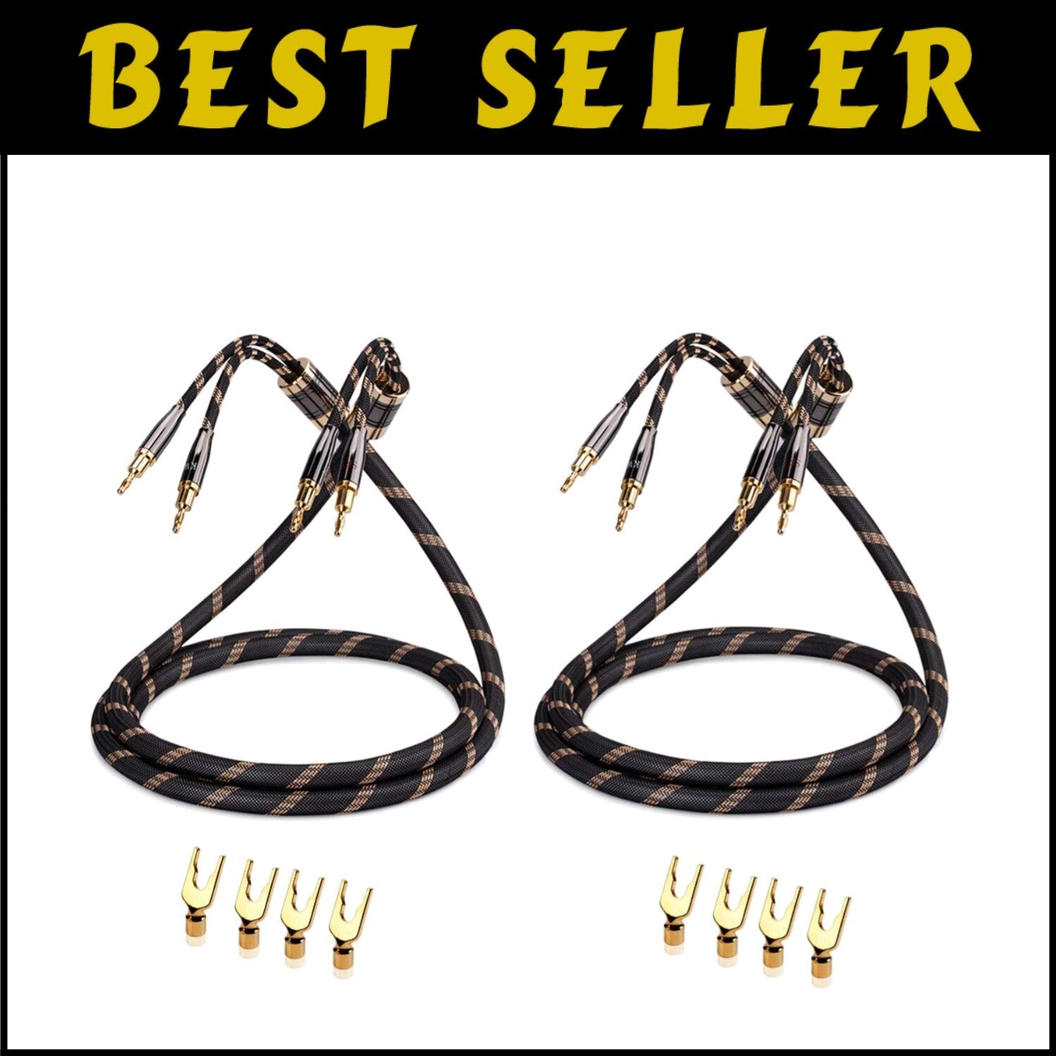 High-Purity Copper Speaker Cable 4.9ft with Gold-Plated Banana & Spade Plugs