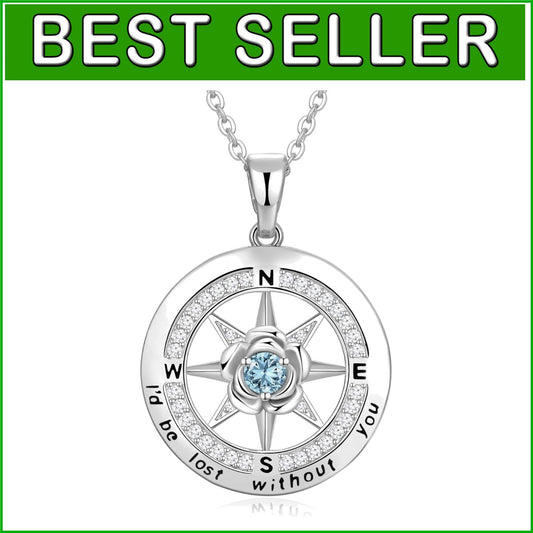 Engraved Rose Flower Compass Necklace for Women - Sterling Silver Gemstone Gift