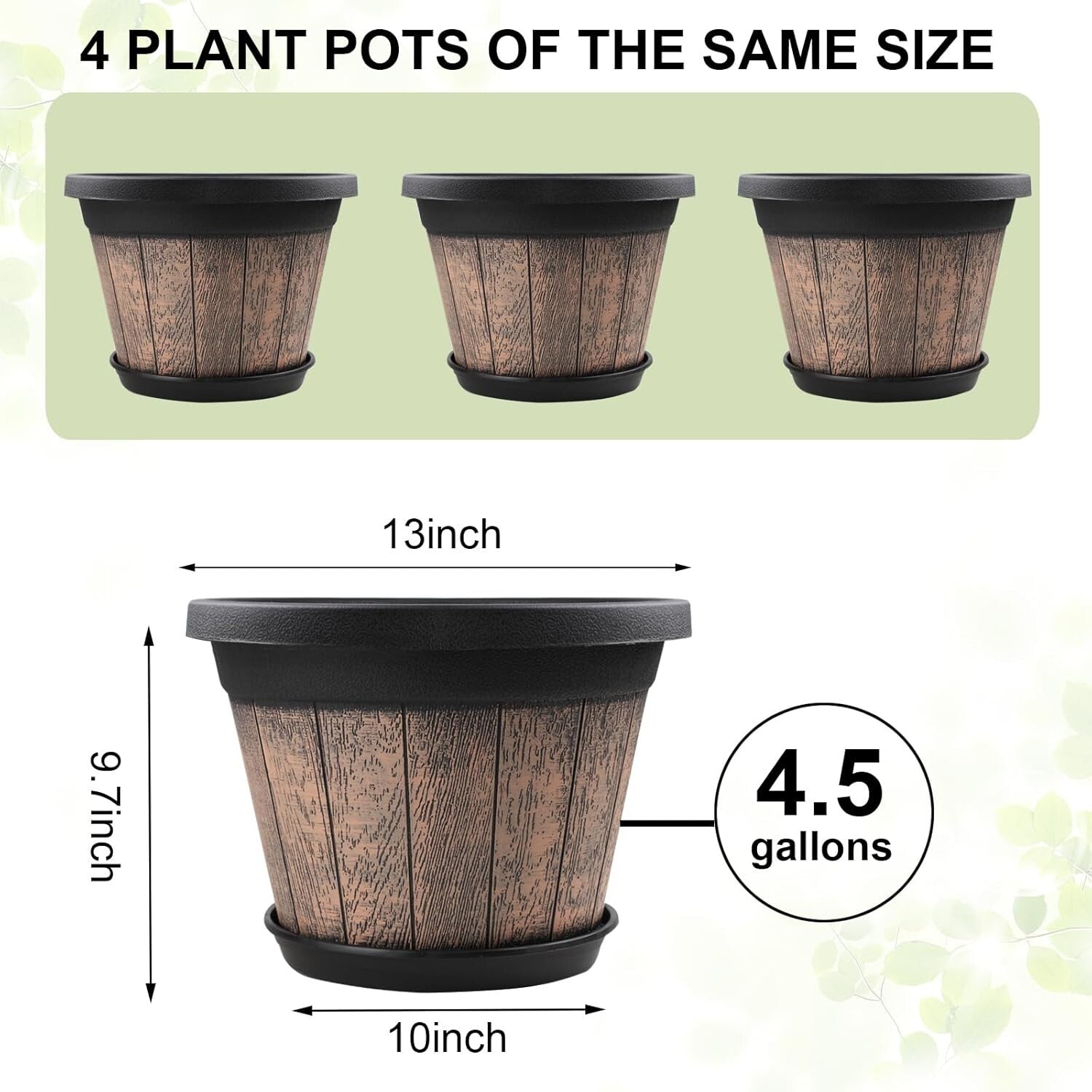 13 Inch Large Resin Plant Containers - Set of 4 with Saucers for All Plants