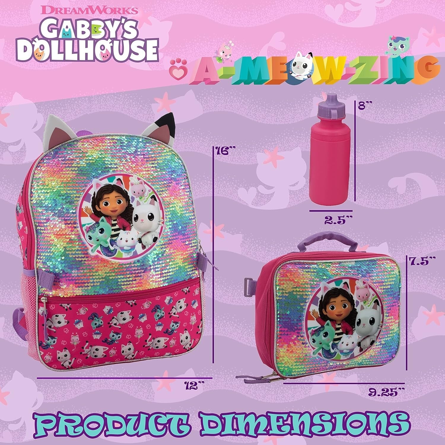 Durable 16" Gabby’s Dollhouse Sequin Backpack Set - Perfect for School Travel