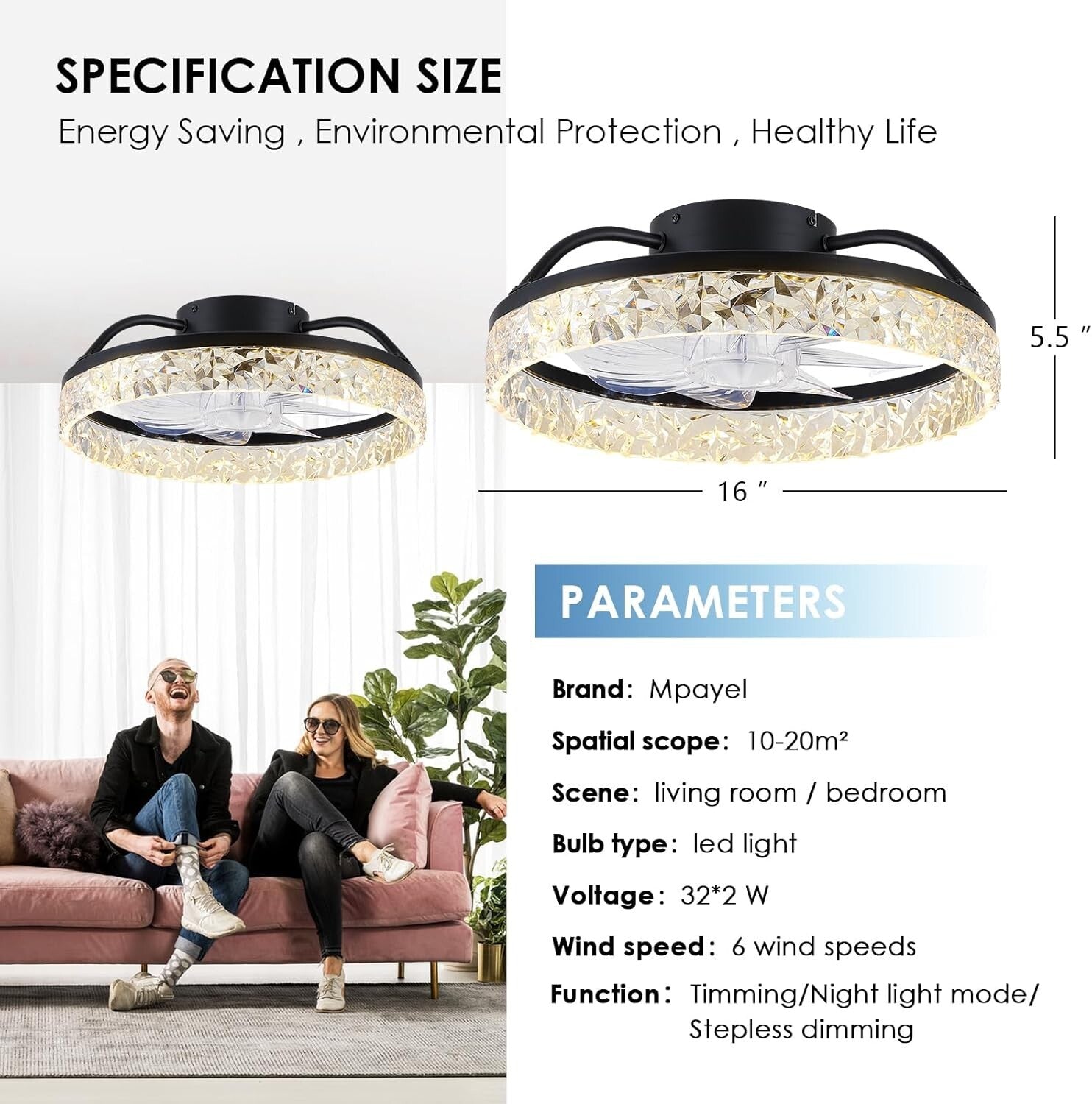 Effortless Comfort with 16" Dimmable Ceiling Fan - Remote & APP Control Feature