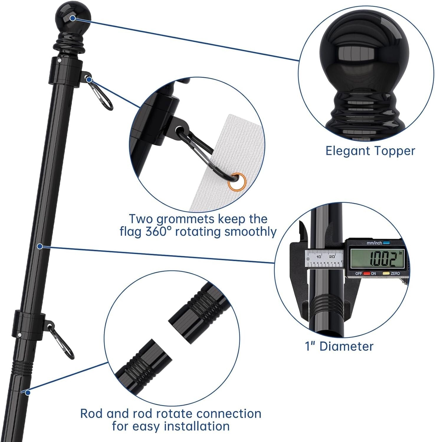 5 FT Stainless Steel Flag Pole with 360° Rotating Ring - Ideal for Trucks, Boats