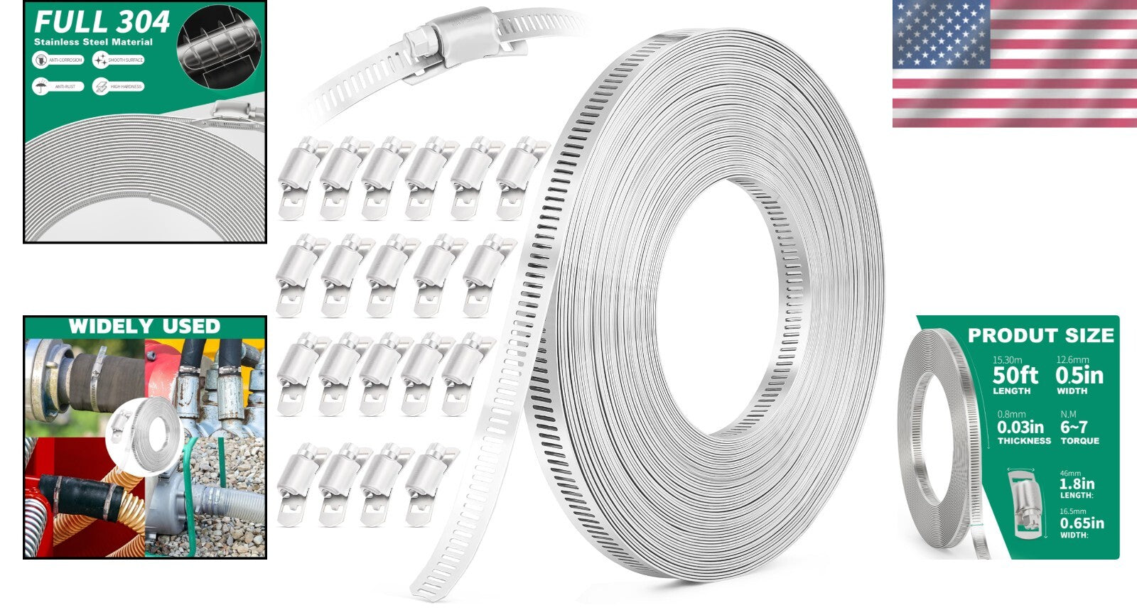 50FT Stainless Steel Hose Clamp Kit - Adjustable Metal Strapping & 20 Fasteners