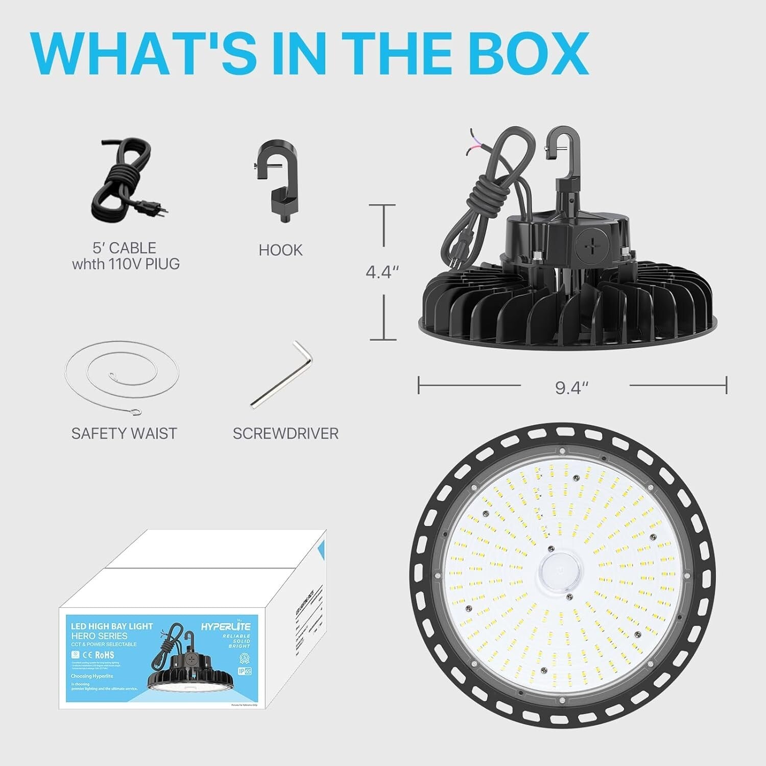 Energy Efficient 100W High Bay UFO LED Light - 14500Lumen, Hook Mount, Dimmable