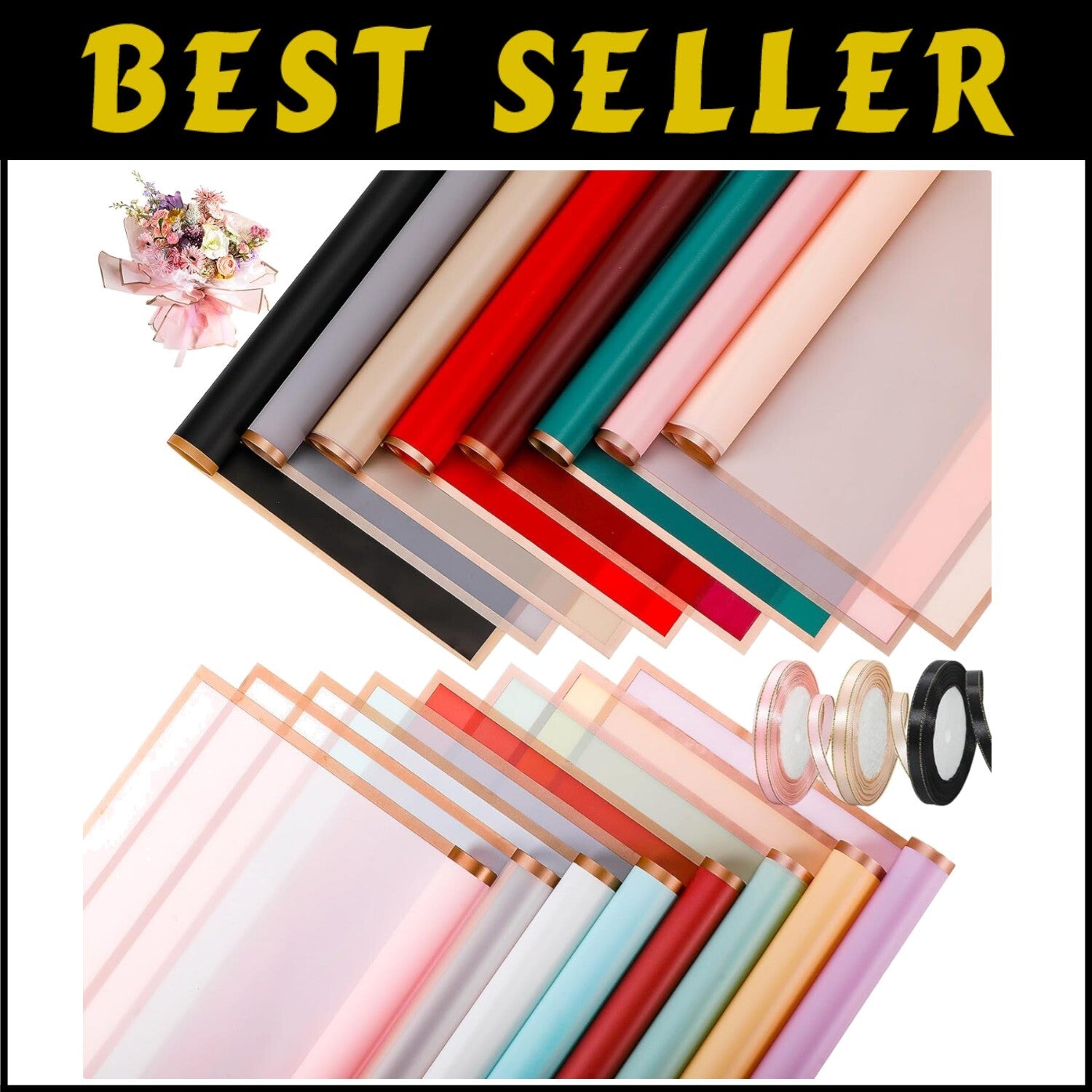 Elegant Flower Bouquet Wrapping Paper with Ribbons - 22.8x22.8 inches, 16 Colors