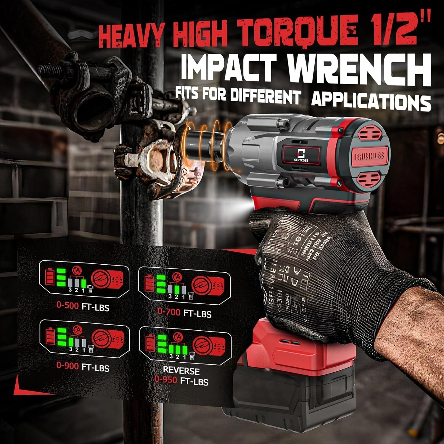 Brushless 1/2 Inch 900 ft-lbs Impact Gun - Complete Set with 6 Sockets & Light