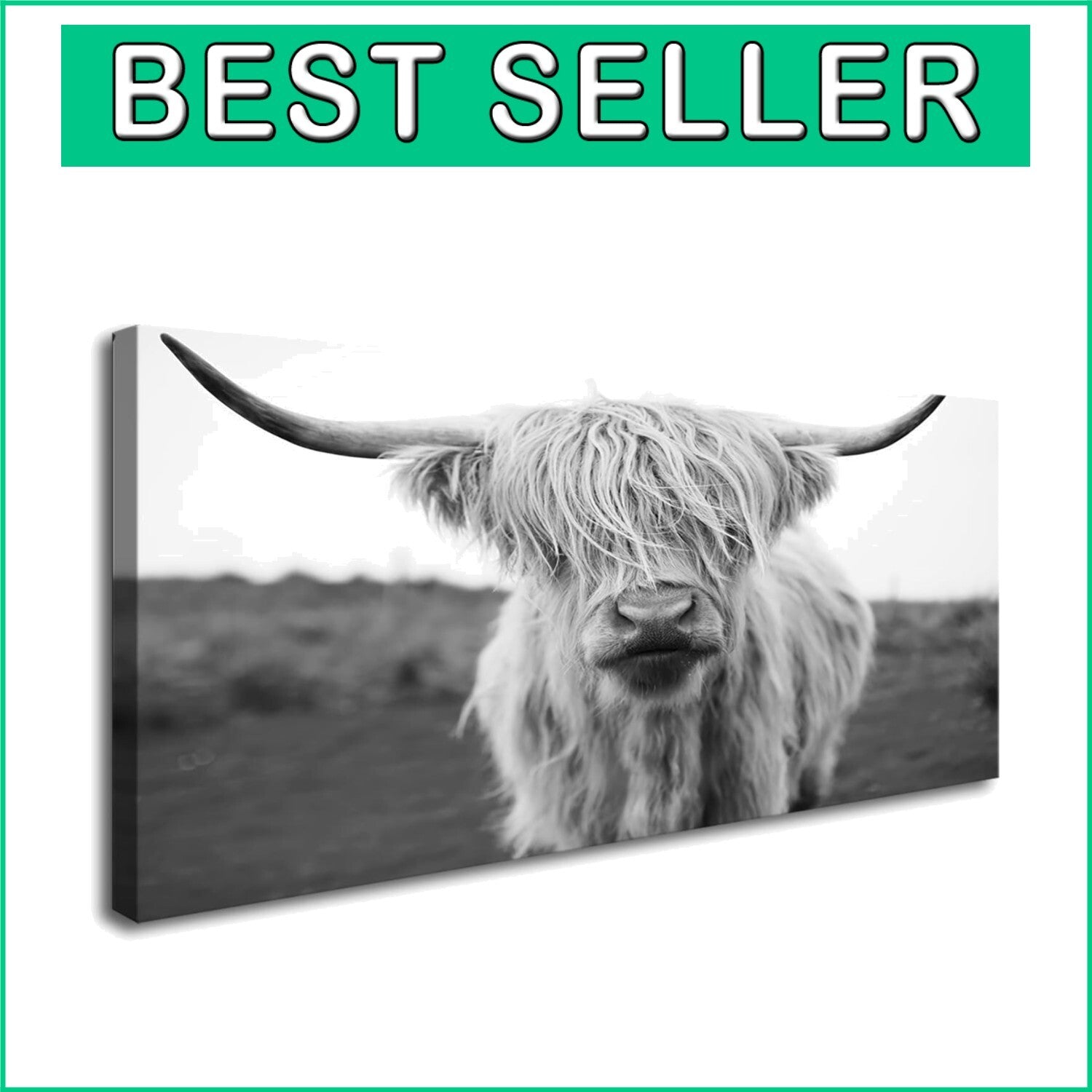 Elegant HC3650 Highland Cow Canvas Art - Black & White Wall Decor 20x40in
