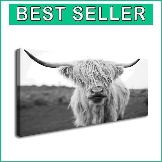 Elegant HC3650 Highland Cow Canvas Art - Black & White Wall Decor 20x40in