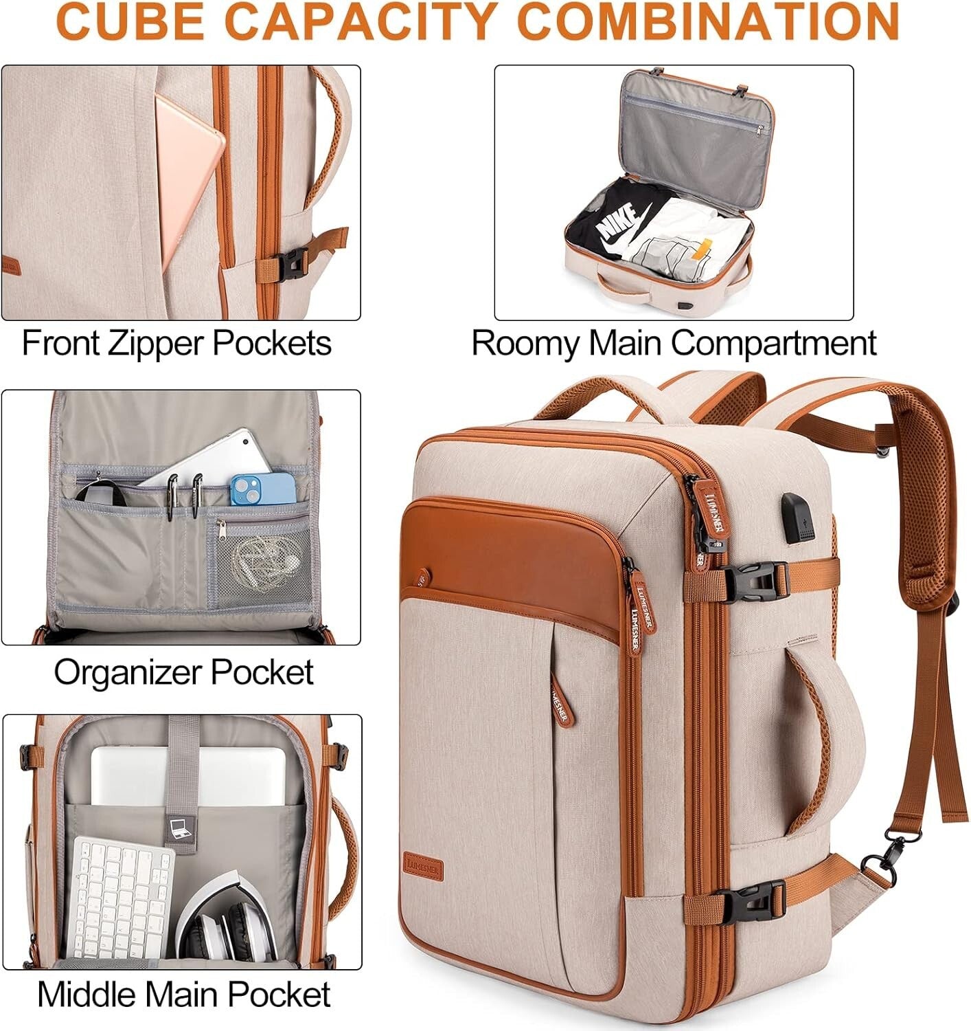 Expandable 40L Travel Backpack for Men & Women - Water Resistant & Stylish Beige