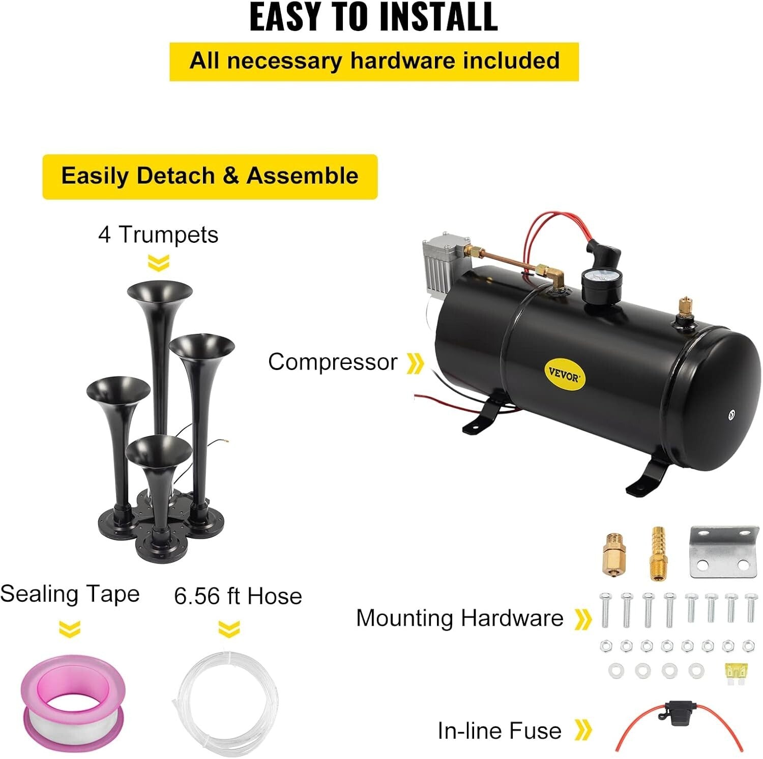 Compact Train Horn System for Trucks & Cars - 4 Trumpets with 20 PSI Compressor