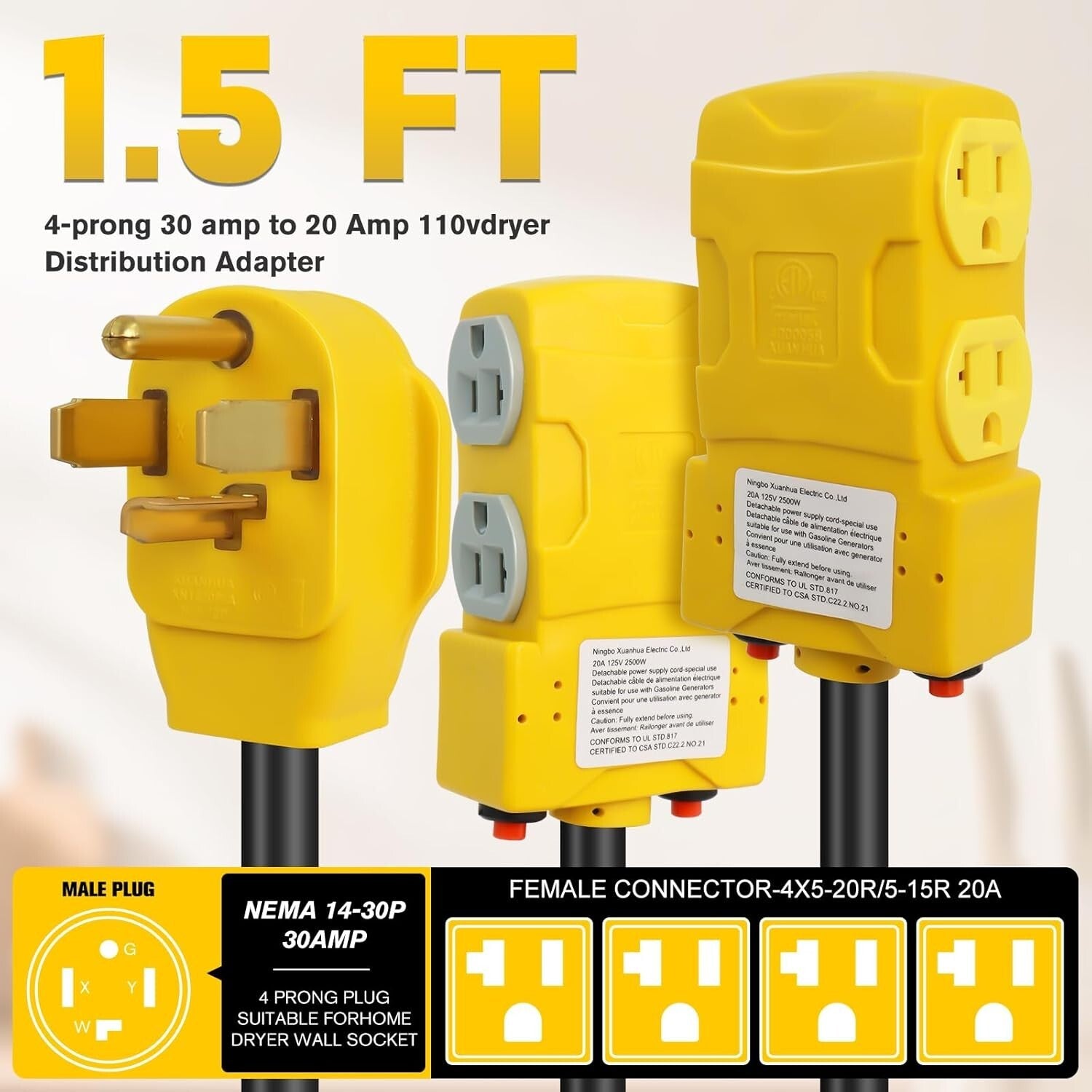 220V to 110V 4-Prong Dryer Distribution Adapter with 2 Circuit Breakers