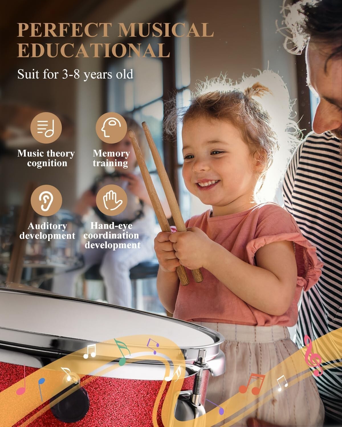 14-Inch Poplar Wood Drum Set for Kids with Cymbal & Drumming Essentials