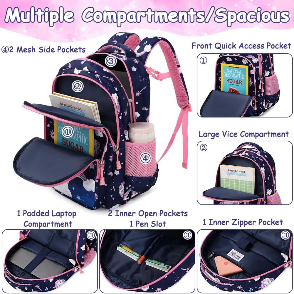 Adjustable Unicorn Backpack for Girls - 3pcs School Set with Insulated Lunch Bag
