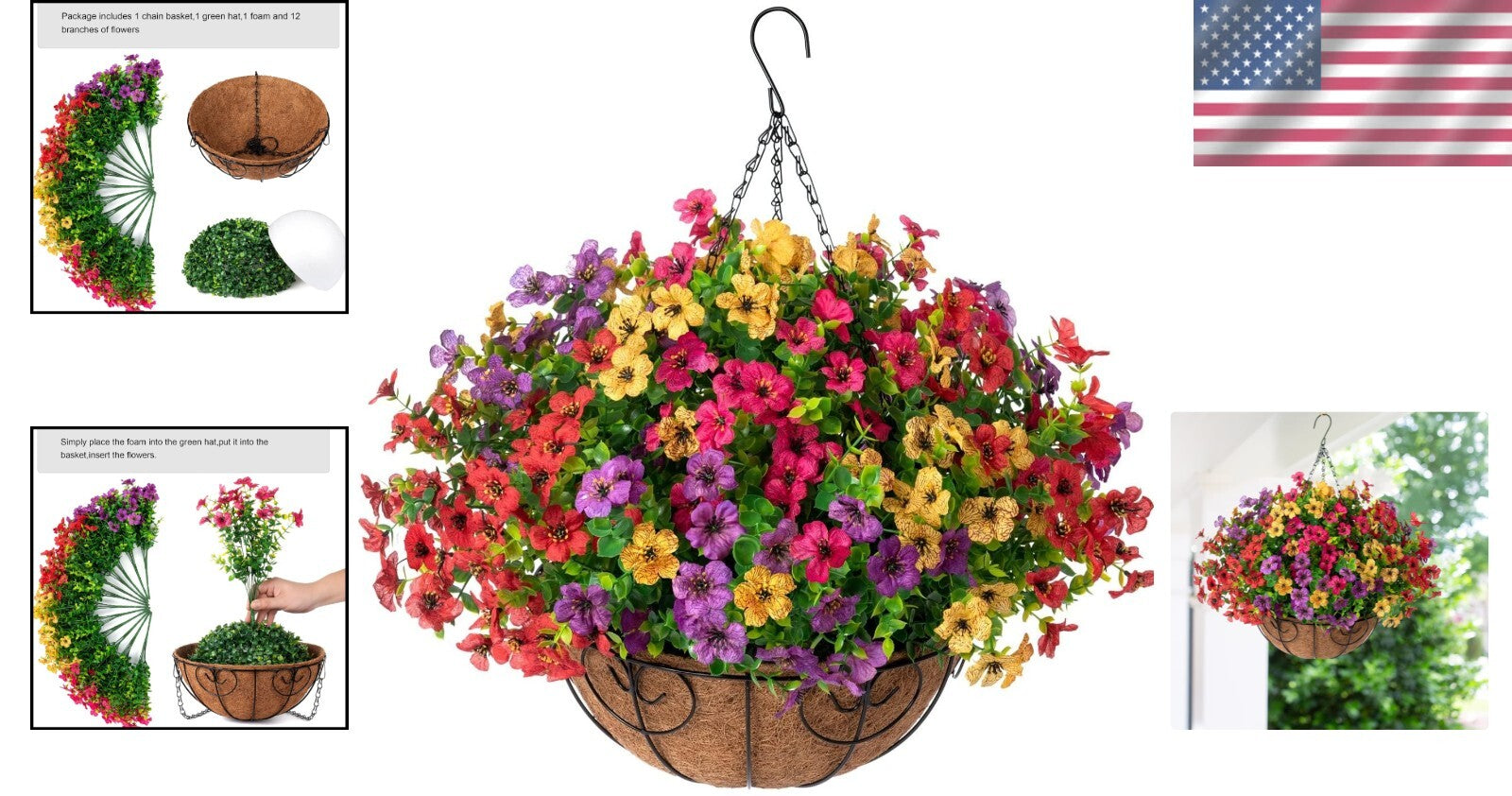 Beautiful Silk Flower Hanging Basket with Rattan for Porches and Gardens
