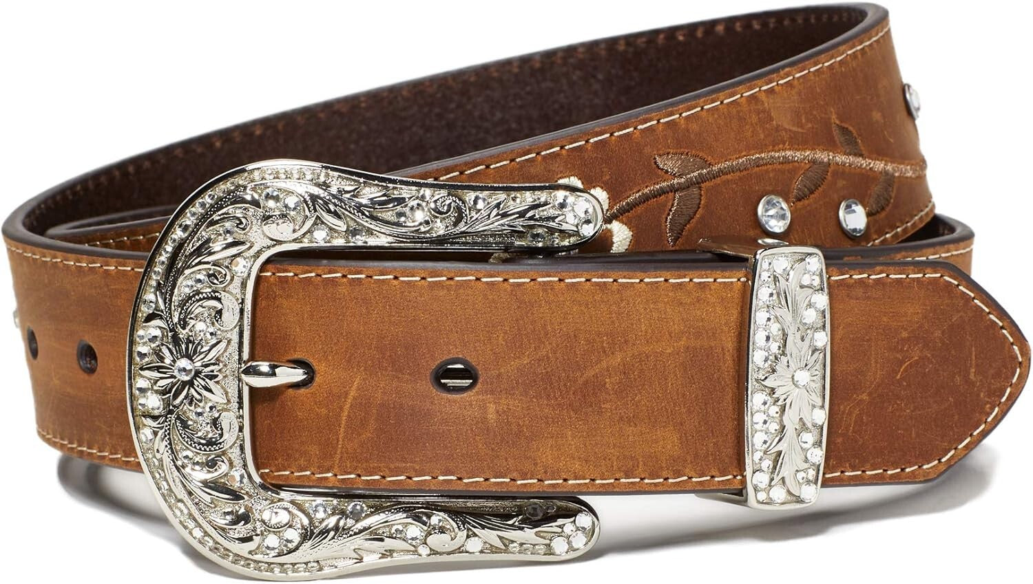 Women’s Floral Stitch Concho Belt with Rhinestone Detail – Customizable Elegance