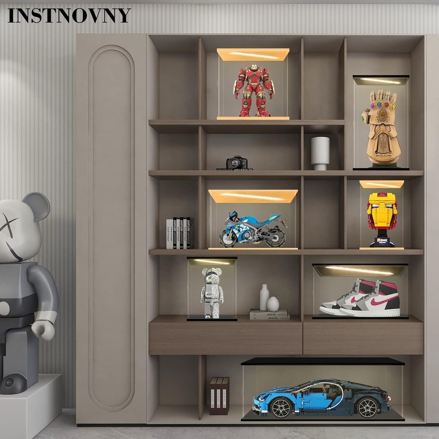 Square Acrylic Display Case with LED and Stackable Design for Collectibles, 9.8"