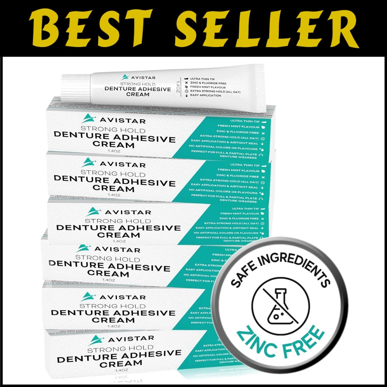 Long-Lasting Waterproof Denture Adhesive Cream, 12 Hour Hold, Mint Fresh 6 Pack