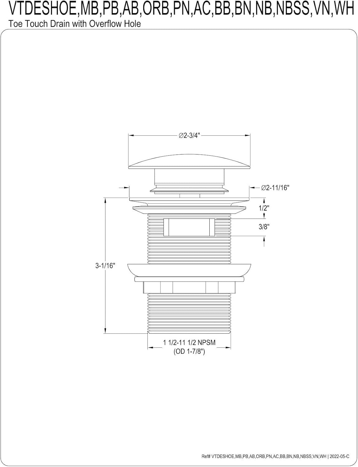 Corrosion-Resistant Toe-Touch Tub Drain in Brushed Nickel Finish, Easy Install