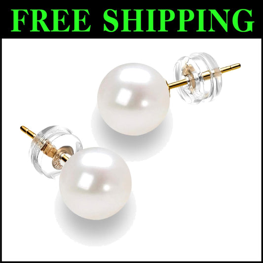 Beautiful 14K Gold Pearl Stud Earrings - Top Quality 8.5-9mm for Women's Style