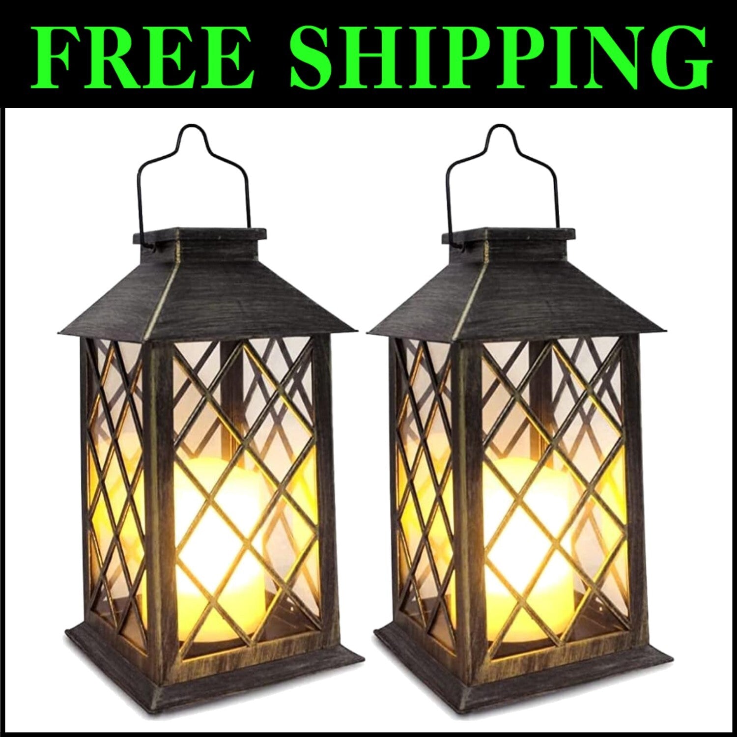 Durable Solar Lanterns with Auto On/Off – 2-Pack, 10 Lumen Flickering Light