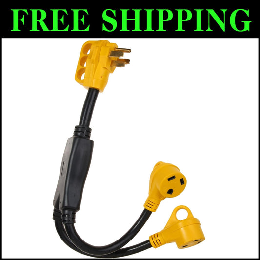 Durable 2.5ft RV Power Adapter: 50A Male to Twin 30A Female with Comfort Grip