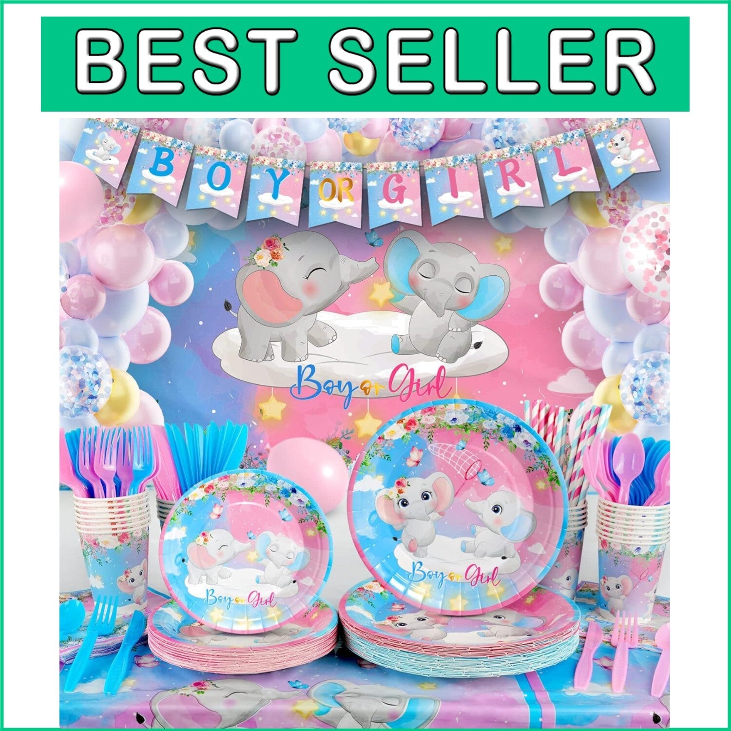 327Pcs Gender Reveal Party Supplies for 25 Guests – Elephant Theme Celebration