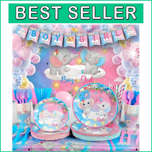327Pcs Gender Reveal Party Supplies for 25 Guests – Elephant Theme Celebration