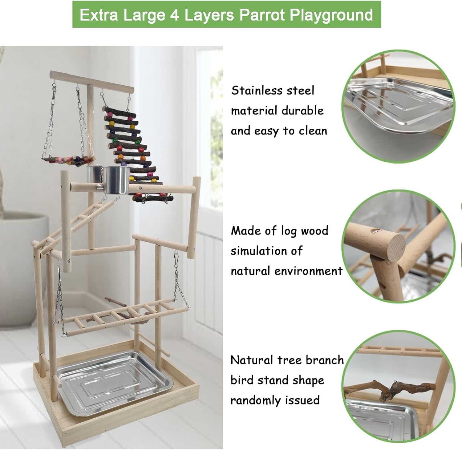4-Layer Wooden Bird Playground Gym for Parrots - Natural Habitat Playstand
