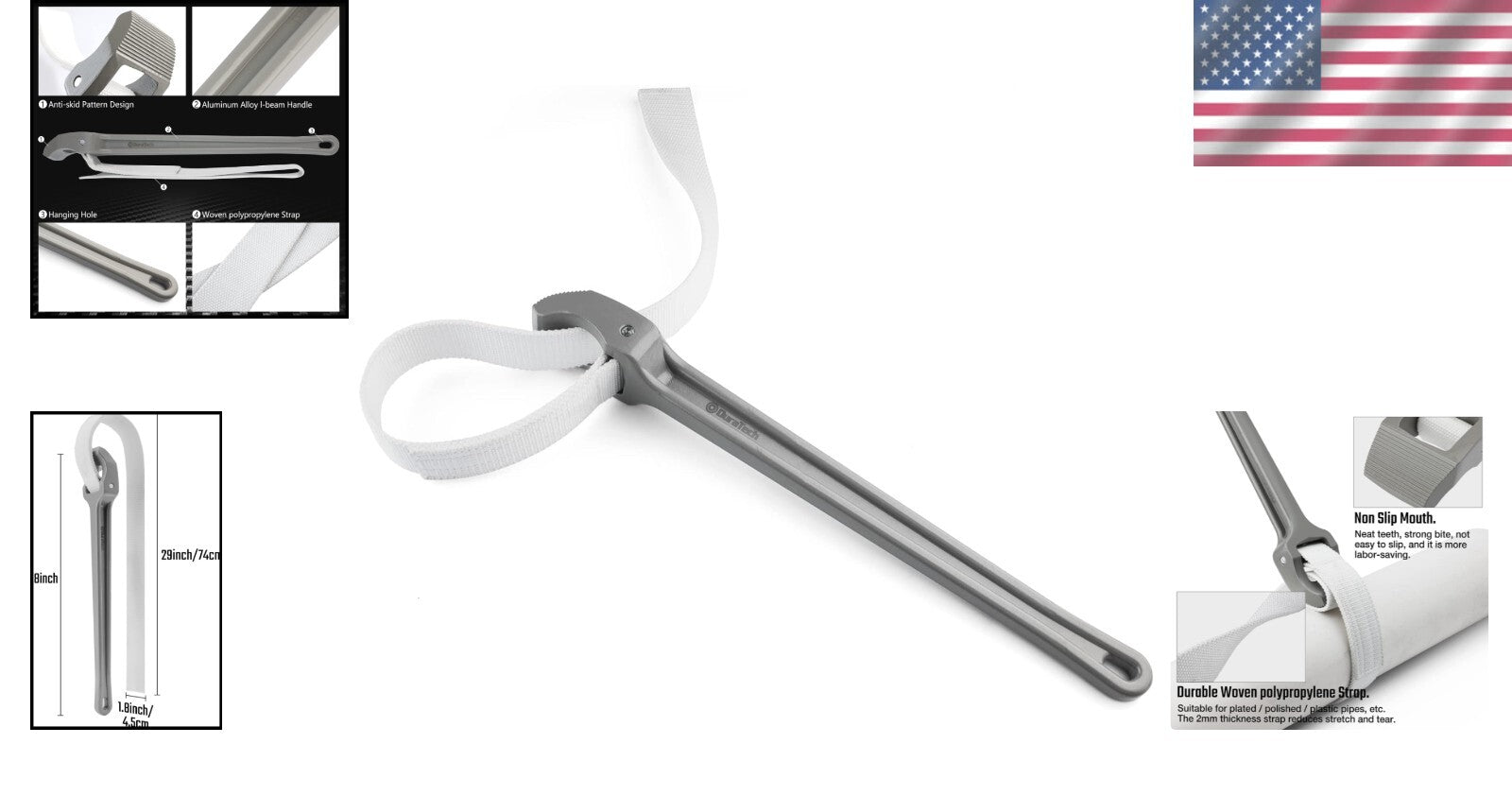 18-Inch Adjustable Nylon Strap Wrench with Aluminum Handle for Versatile Use