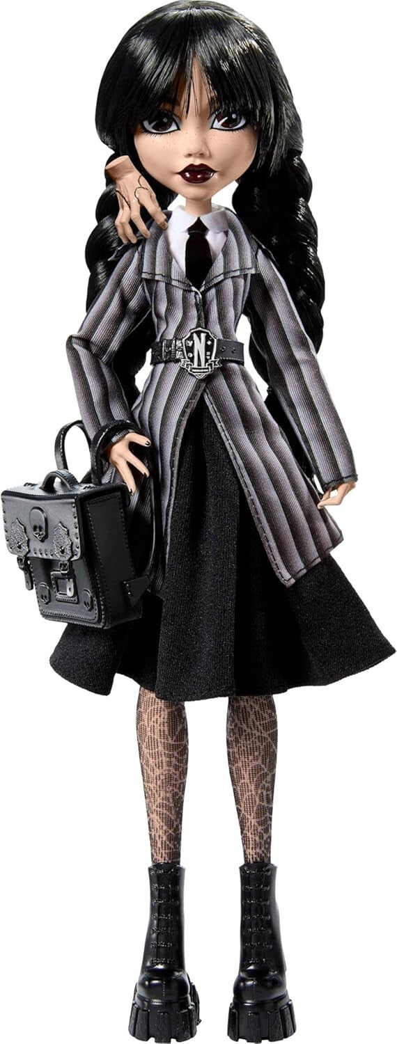 Dramatic Wednesday Addams Doll with Stand, Thing, & Unique Backpack Accents