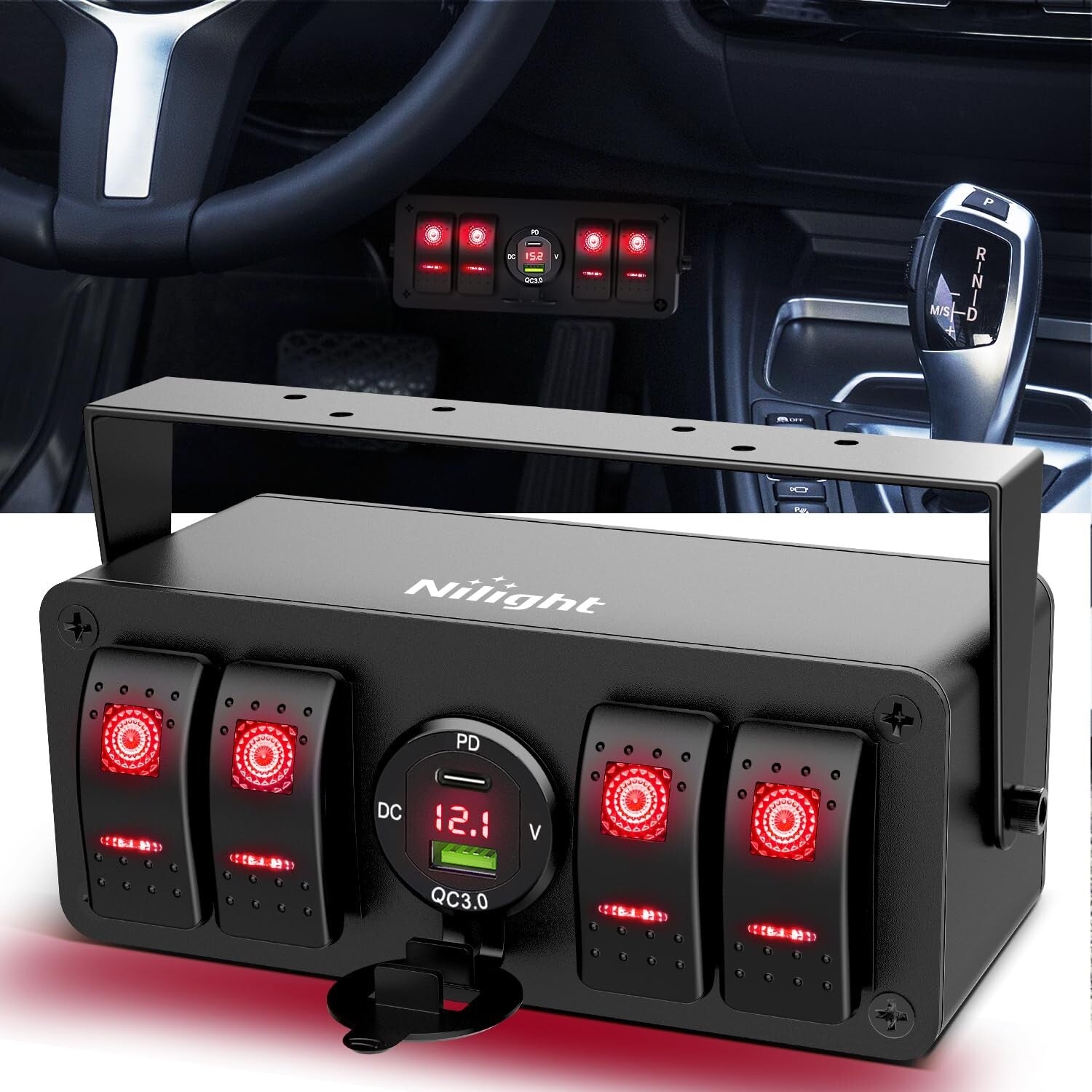 Rocker Switch Box with 4 Gang Control, USB Charger & Adjustable Mount Bracket