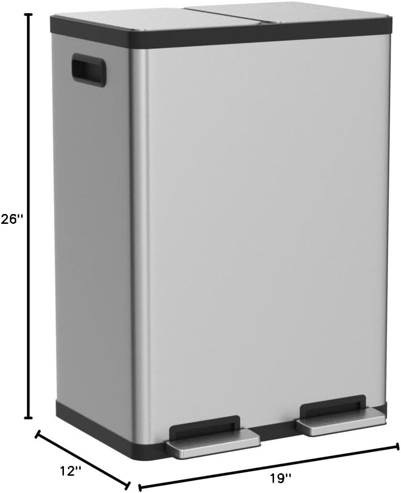 60L Hands-Free Dual Compartment Stainless Steel Trash Can with Soft-Close Lid