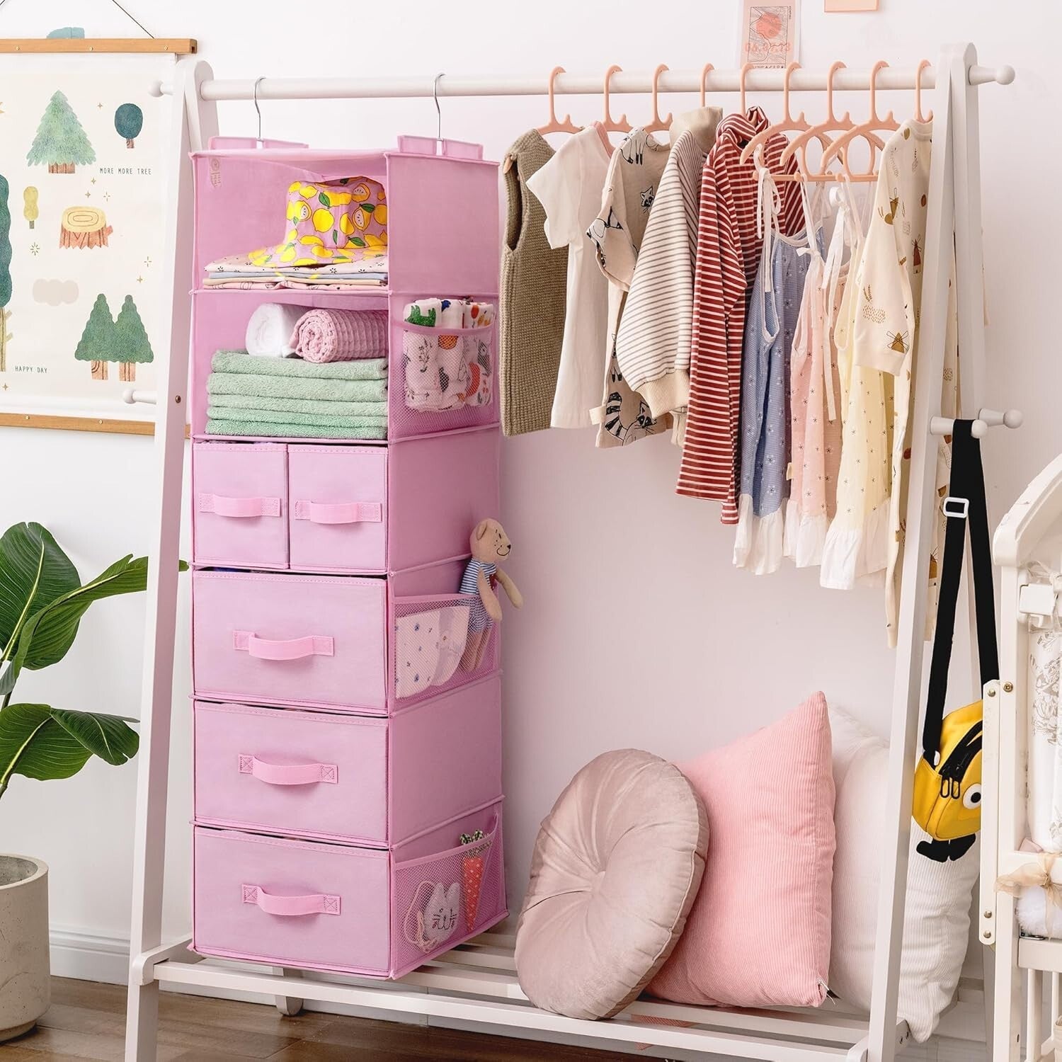 Portable 6-Shelf Hanging Closet Organizer with Pockets – Ideal for Baby Rooms
