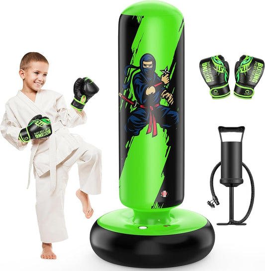 Durable 66-Inch Kids Boxing Fun: Inflatable Punching Bag & Gloves for Ages 5-12