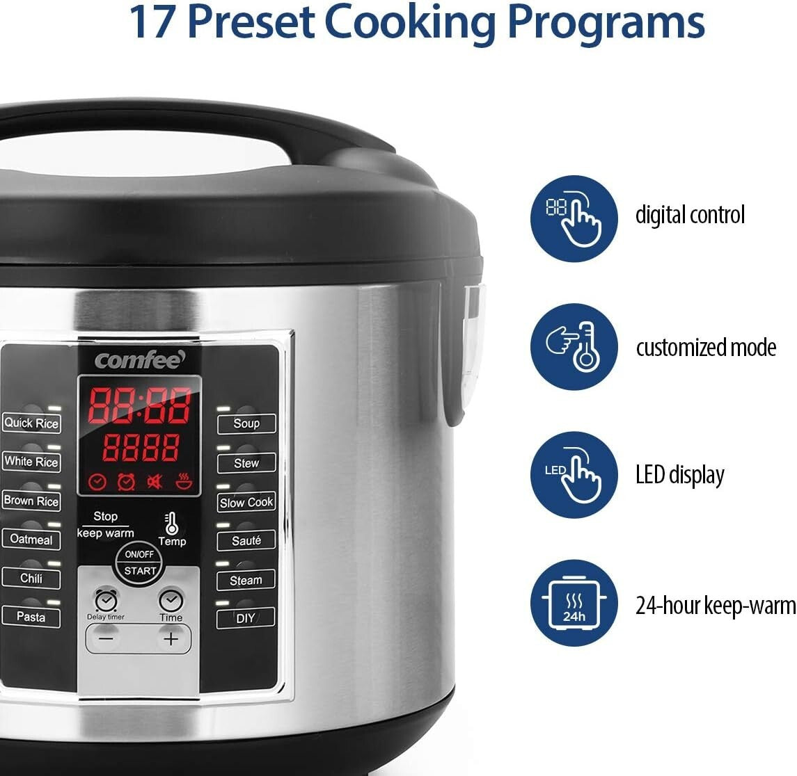 12 Digital Cooking Programs Multi Cooker - 5.2Qt Family Size Steamer & Rice Pot