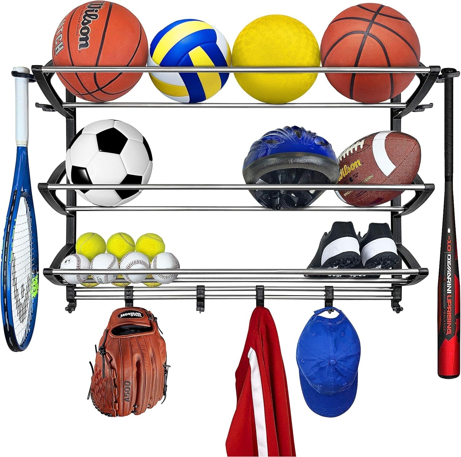 Customizable Wall-Mount Sports Organizer: Stylish Garage Gear Storage with Hooks