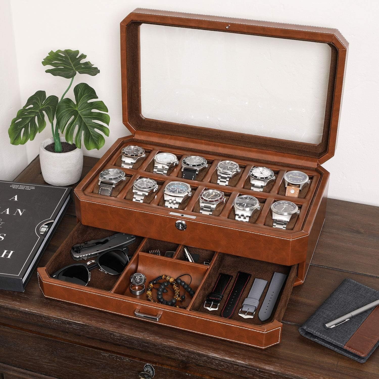 12 Slot Leather Watch Box & Slide Out Drawer - Luxury Organizer in Tan/Brown