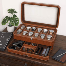 Load image into Gallery viewer, 12 Slot Leather Watch Box &amp; Slide Out Drawer - Luxury Organizer in Tan/Brown