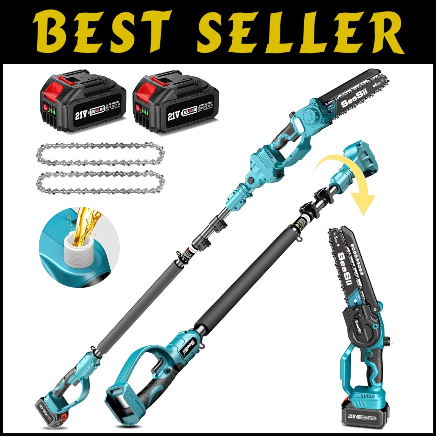 2-in-1 Cordless 8-Inch Pole Saw & Mini Chainsaw with Batteries for Tree Care