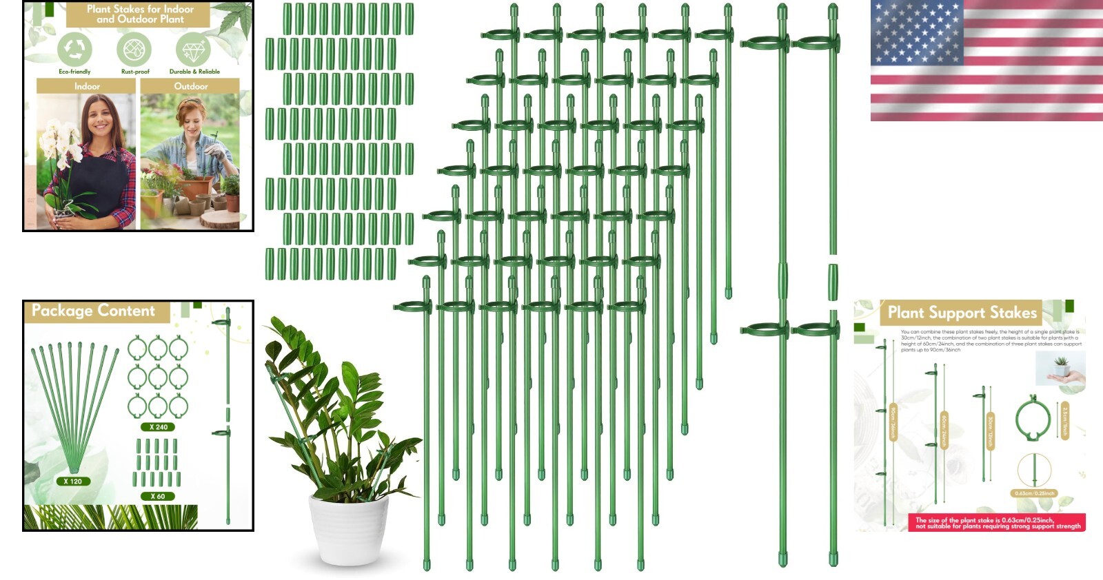Fiberglass 12-Inch Plant Support Stakes Set - 120 Pcs for All Single-Stem Plants
