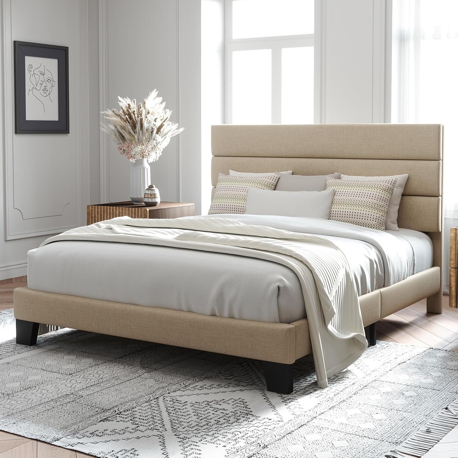Elegant Full Size Platform Bed with Upholstered Headboard – No Box Spring Needed