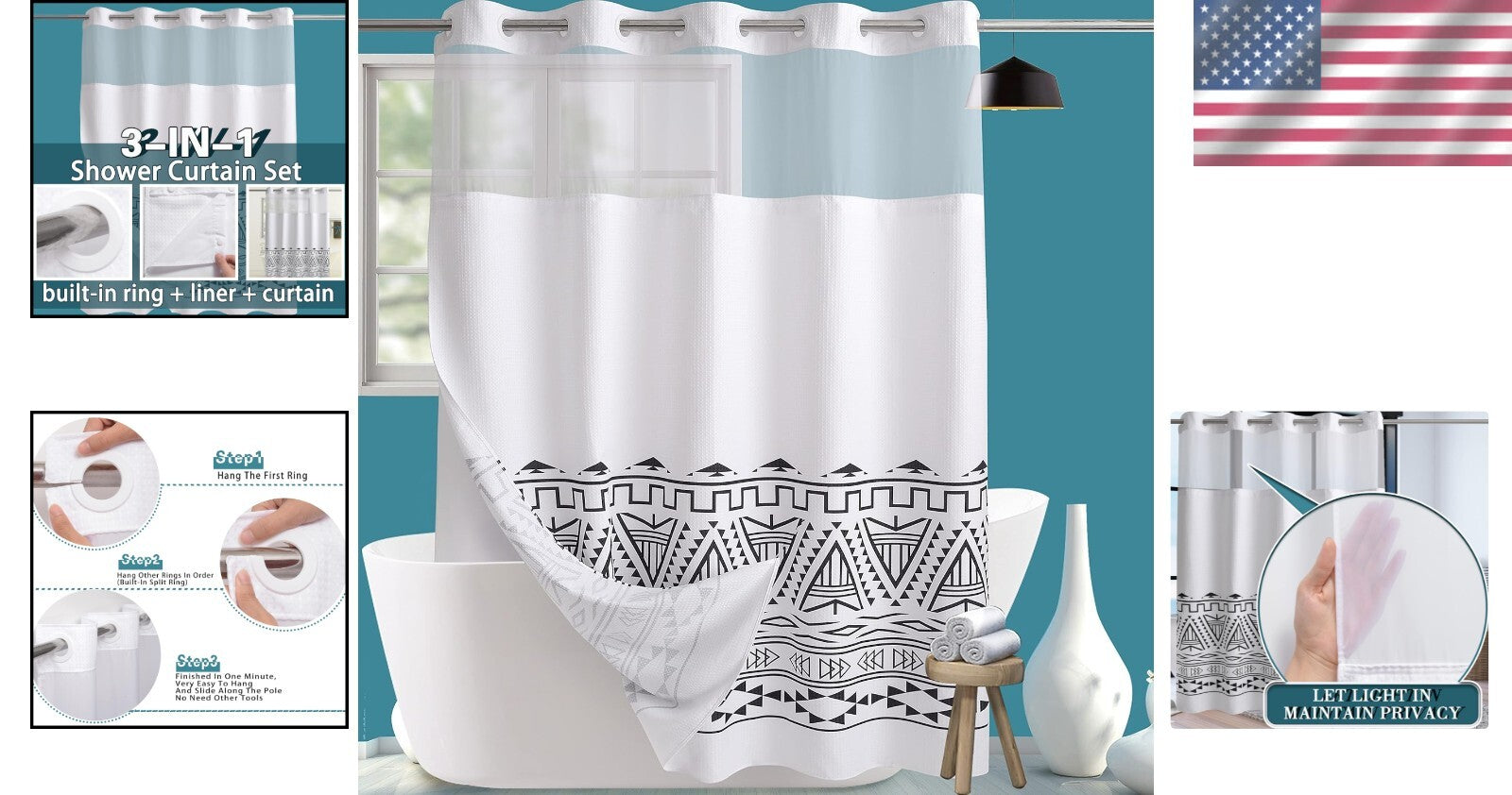 Boho Waffle Weave Shower Curtain with Snap-in Liner - Waterproof & Stylish 71x84